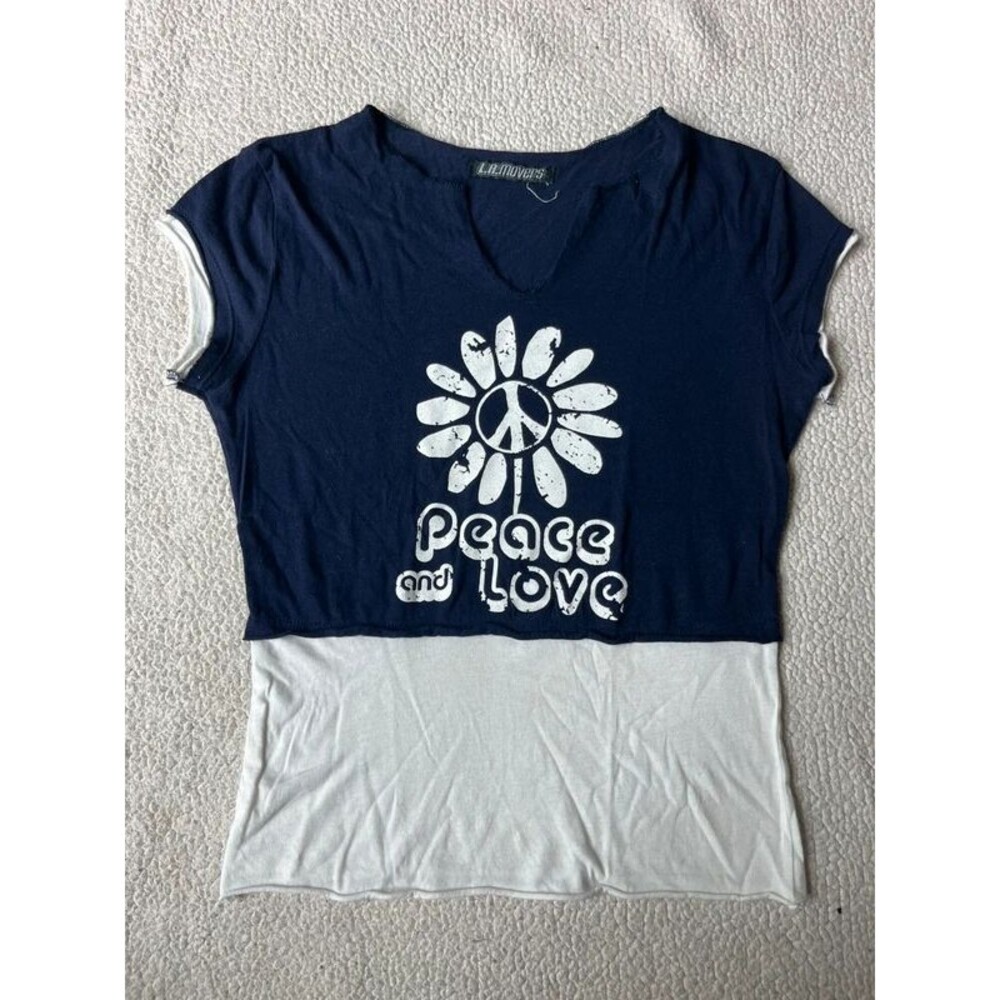 Vintage 90s / Y2K LA Movers Navy Split White Cotton Tshirt Womens Medium